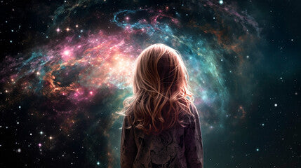 A young girl imagining the night sky, gazing at a cosmic nebula. Created with Generative AI.