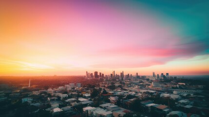 A colorful sunset over a city skyline with vibrant pinks and blues
