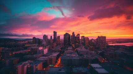 A colorful sunset over a city skyline with vibrant pinks and blues