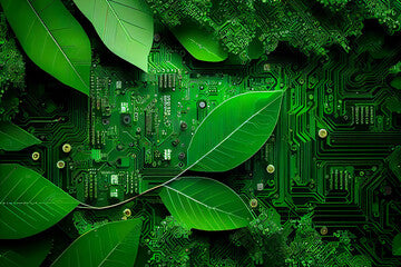 Illustration of motherboard or cicruit board covered with leaves roots and plants, concept of sustainable development and green energy ecology.
