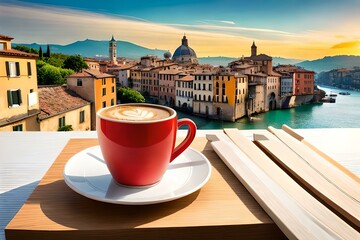 A cup of coffee on table with Italian town at the background