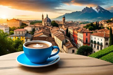 A cup of coffee on table with Italian town at the background