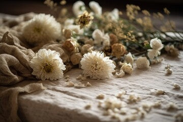 Beige flowers on the table. Beige flowers close-up shot. Beige Bouquet of flowers.