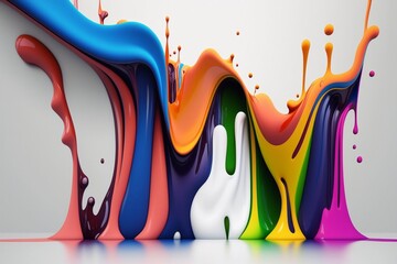 A 3D abstract design featuring multicolored paint flowing down a white wall. AI