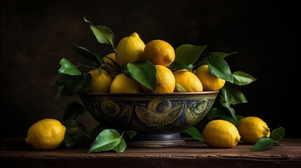 Classic still life with a bowl of fresh lemons and leaves Generative AI