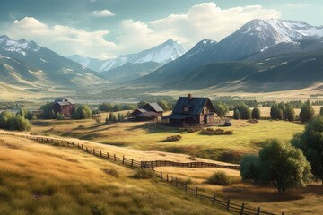 serene countryside farm with majestic mountains in the distance. Generative AI