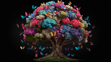 Human brain tree with flowers and butterflies, self care and mental health concept, positive thinking, creative mind. Generative AI
