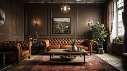 A classic Living Room with a wooden accent wall, a leather Chesterfield sofa, and traditional decor, generative ai
