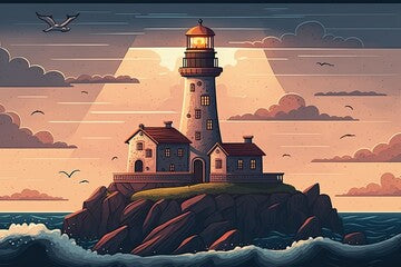 solitary lighthouse standing on a small island amidst the vast sea. Generative AI