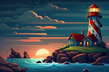 solitary lighthouse standing on a rocky island surrounded by the ocean. Generative AI