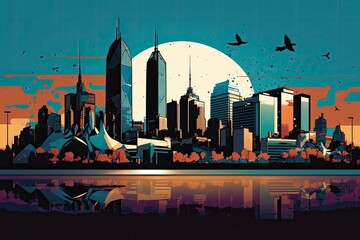 city skyline with birds in flight. Generative AI