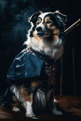 Australian Shepherd Dog breed as a samurai with traditional clothing