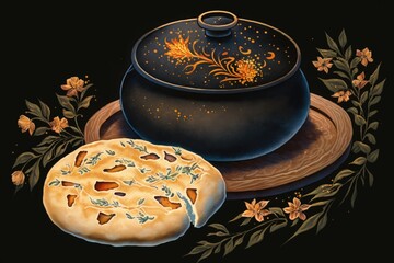 still life painting featuring a pot and a pie. Generative AI