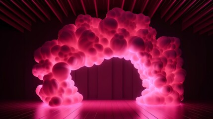 3d render, abstract background with pink cloud levitating inside bright glowing neon arch. Generative ai