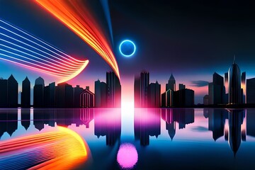 3d render, abstract background with colorful vibrant neon light behind the black ball. Eclipse concept