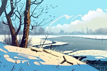 serene winter landscape with trees and a frozen lake. Generative AI