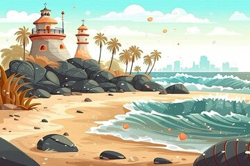 serene beach landscape with a towering lighthouse. Generative AI