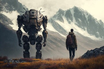 A backdrop of mountains with a man and a robot in the foreground. AI
