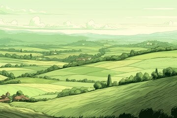 serene countryside landscape with rolling hills and quaint houses. Generative AI