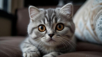 "A Cute Little Scottish Fold Kitten Relaxing on the Couch