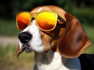 A beagle dog wearing sunglasses and an swimming circle on a blue background. The concept of a summer holiday by the sea. created with Generative AI technology