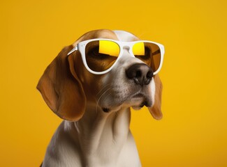 A beagle dog wearing sunglasses and an swimming circle on a blue background. The concept of a summer holiday by the sea. created with Generative AI technology