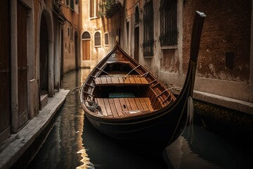 Sad and unused Venetian gondolas, tourists reject the decrepit city... Ai generated.