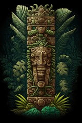 2D flat Mayan totem plank 2D forest background,Generative AI