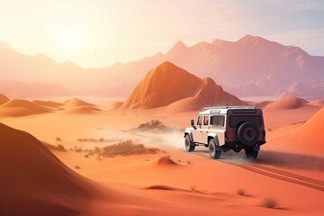 3d illustration of Safari and travel. Sahara desert at sunrise, mountain and snow landscape with dust on skyline. desert road advertisement, off road and desert isolated ads. Generative AI