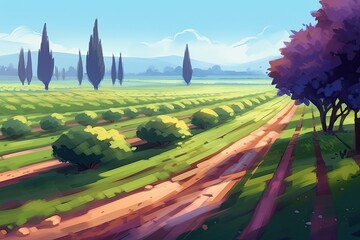 scenic landscape with a winding dirt road and lush trees. Generative AI