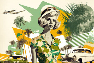 60s style fashion woman with retro cars. Travel vacation. Generative AI