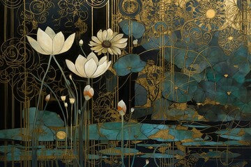 Black and gold pattern, abstract expressionism painting, graphic art nouveau, lotus and waterlily  created by generative AI