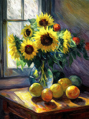 A still life of a vase filled with sunflowers and lemons - generative ai