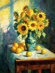 A still life of a vase filled with sunflowers and lemons - generative ai