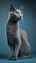 Russian Blue cat, sitting pose, in the blue background studio with Generative AI technology