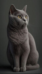 Russian Blue cat, sitting pose, in the black background studio with Generative AI technology