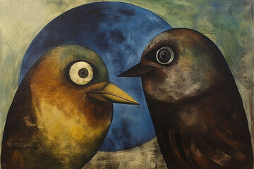 Oil painting of two birds at full moon, abstract surrealism illustration, generative AI.