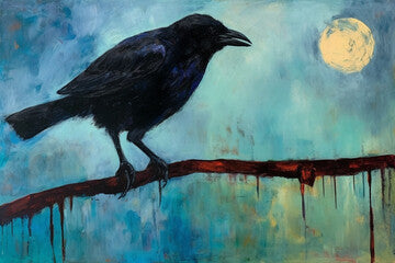 Digital oil painting of a crow on a twig, surrealism, generative AI.