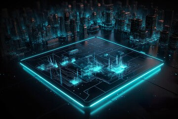 A 3D holographic cityscape with intricate cityscapes, translucent skyscrapers, and dark-black/light-aquamarine neon lights that transport viewers to a futuristic world of imagination and wonder.