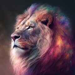 A painting of a lion with a colorful mane, created with Generative Ai Technology