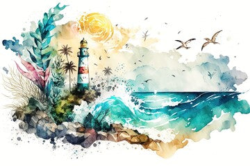 A watercolor painting of a lighthouse on a beach, created with Generative Ai Technology