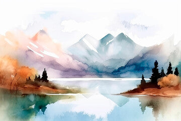 generative ai illustration of beautiful landscape with mountains and lakes in watercolor, aquarelle look