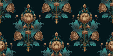 Seamless pattern background in baroque style. Classic luxury old fashioned floral ornament, elegant victorian seamless texture for wallpapers, textile, fabric. Created with generative AI tools