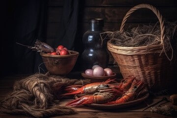 still life painting featuring lobsters and eggs in a basket. Generative AI