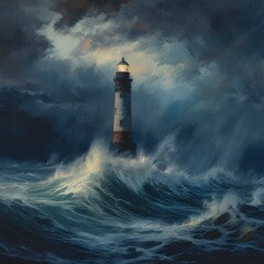 A lighthouse blazing brightly in the dark amidst a storm and a rough sea is depicted in this oil painting., Generative AI.