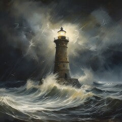 Oil-style painting of a lighthouse shining brightly in the dark amid a storm and a turbulent sea, Generative AI.