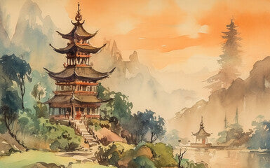 Chinese landscape with misty forest, distant mountains and fog. Traditional oriental watercolor painting.Generative ai.