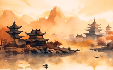 Chinese landscape with misty forest, distant mountains and fog. Traditional oriental watercolor painting.Generative ai.