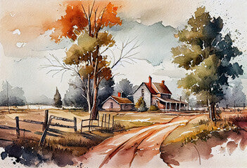 Beautiful american countryside scene. Watercolor drawing style. Generative ai