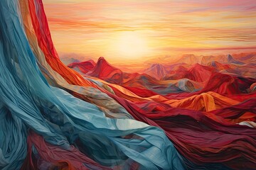 Colorful cloth weaved abstract painting over a sunset background, with dreamlike realism and flowing draperies. Perfect for decor. Generative AI